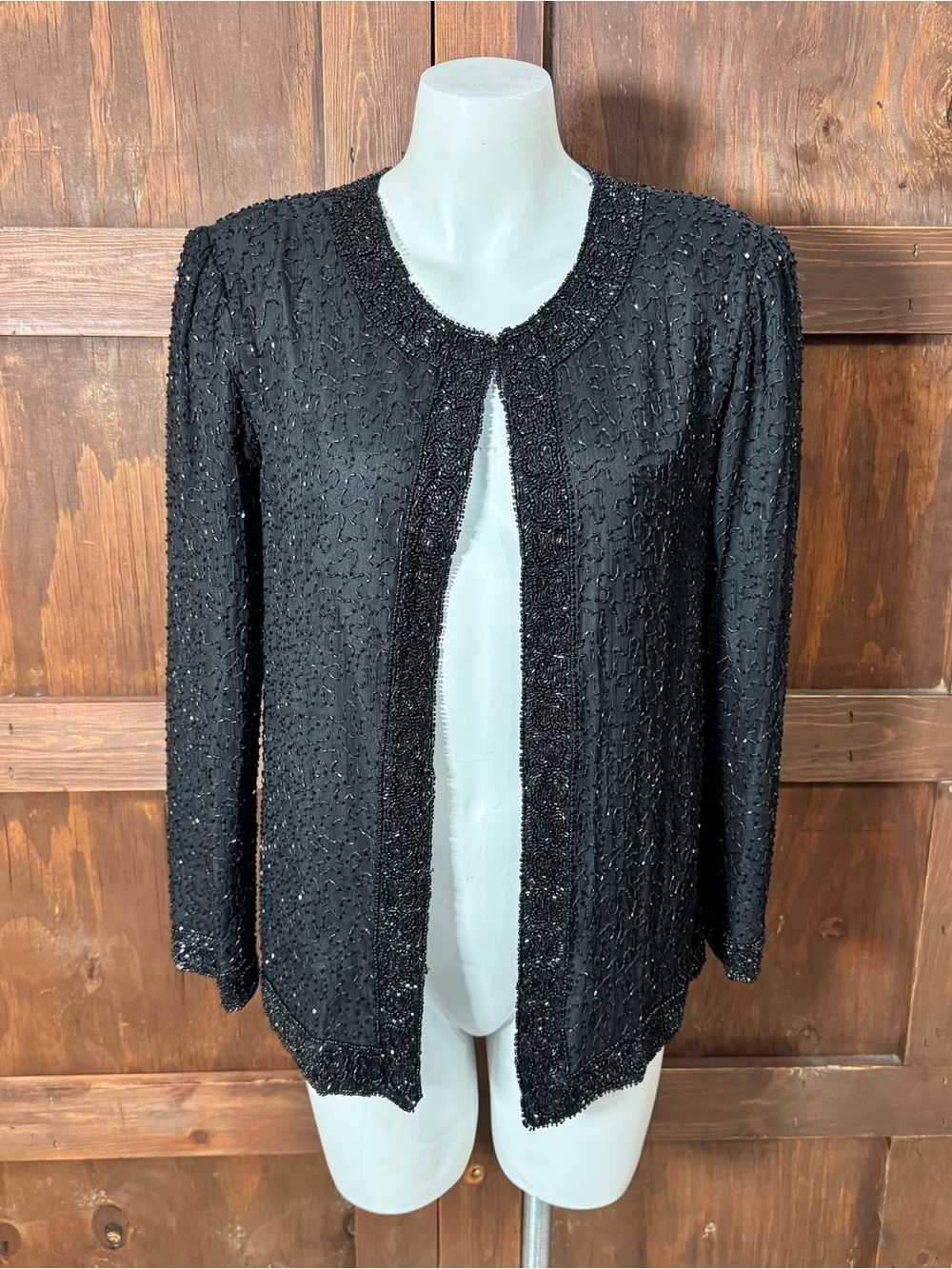Laurence Kazar Black Beaded Open-Front Jacket